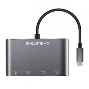 CABLETIME αντάπτορας USB-C σε HDMI+USB-A+USB-C+RJ45 C160 4K, 0.15m, γκρι 5210131038369