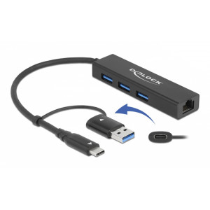 DELOCK USB hub 64149 3x USB 3.2 Gen 1/Gigabit LAN 1000Mbps, 5Gbps, μαύρο 64149