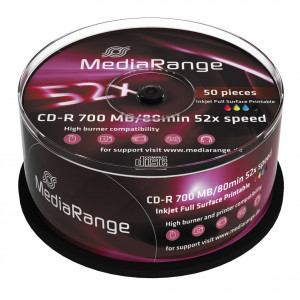 MEDIARANGE CD-R, 700MB, 52x, inkjet FF printable, 50τμχ Cake box MR208