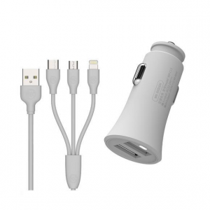 Car Charger WK 2.4A USBx2 With 3in1 charging cable White WP-C13