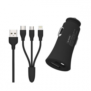 Car Charger WK 2.4A USBx2 With 3in1 charging cable Black WP-C13