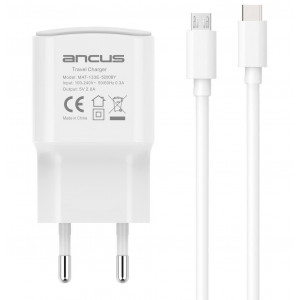 Φορτιστής Ταξιδίου Ancus Supreme Series USB 5V / 2A  με Αποσπώμενο Καλώδιο 2 σε 1 USB σε Micro USB / Type-C 2A 1m Λευκός 5210029068096