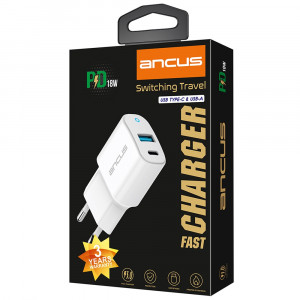 Φορτιστής Ταξιδίου Ancus Supreme Series Dual με USB και USB-C PD 18W 5V/3.4A Λευκός με ένδειξη LED 5210029072338