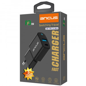 Φορτιστής Ταξιδίου Ancus Supreme Series Dual με USB και USB-C PD 18W 5V/3.4A Μαύρος με ένδειξη LED 5210029073083